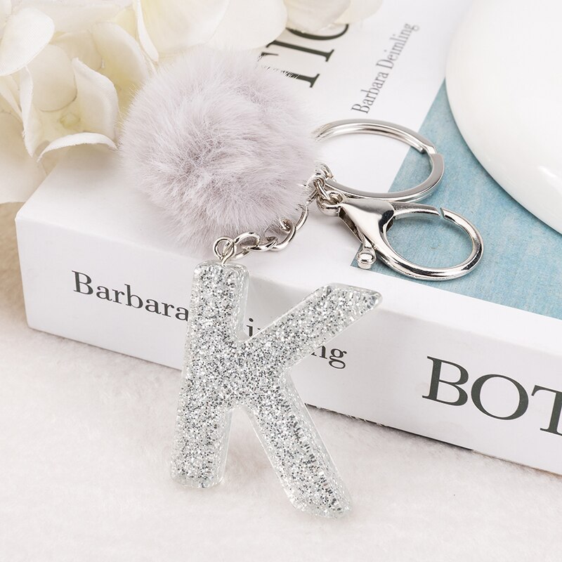 1 PC Sleutelhanger Zilver Kleur Engels Brief Sleutelhanger met Puffer Bal 26 Engels woord Glitter Hars A TOT Q Handtas bedels voor Vrouw: Goud
