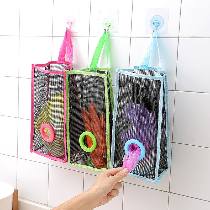 hanging breathable plastic grid garbage bag socks sundries storage organizers kitchen bathroom storage bag