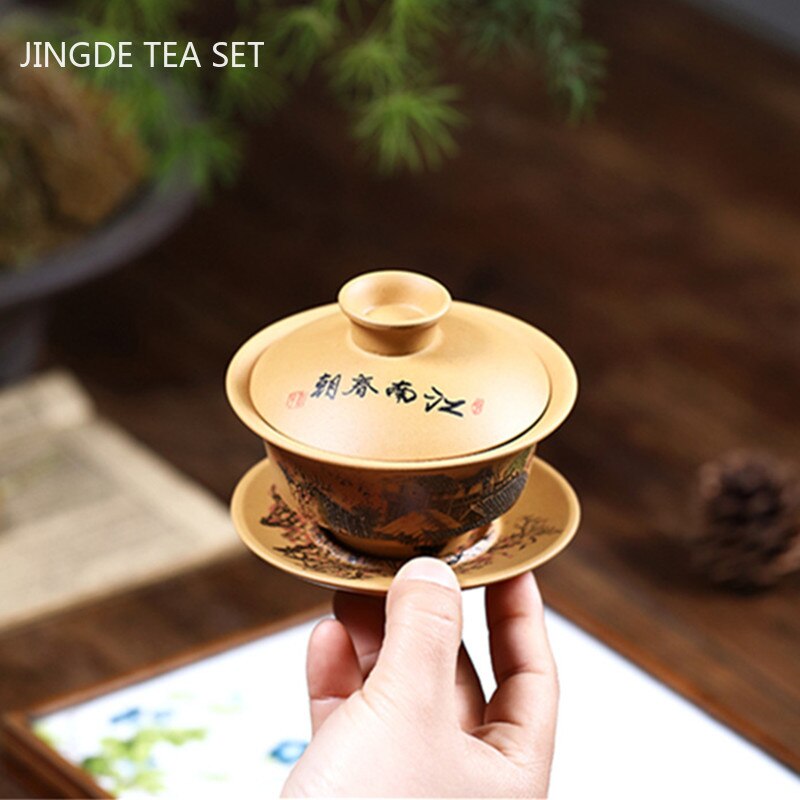 Chinese Yixing Paarse Klei Gaiwan Ruwe Erts Sectie Modder Handgeschilderd Thee Kommen Traditie Waterkoker Thee Set Huishoudelijke Drinkware