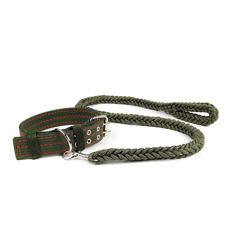 Strong Coarse Nylon Dog Leash Army Green Canvas Double Row Adjustable Dog Collar L/XL Medium Large Dog Pitbull Lead Set