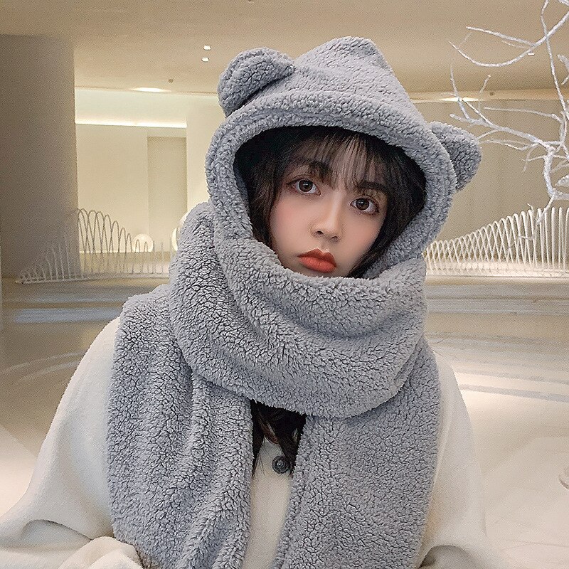INS Bear – ensemble de gants et écharpes en peluche pour femme, chapeau et décontracté, en molleton solide, accessoires Kawaii, nouveauté hiver: Gray 2Pcs suit