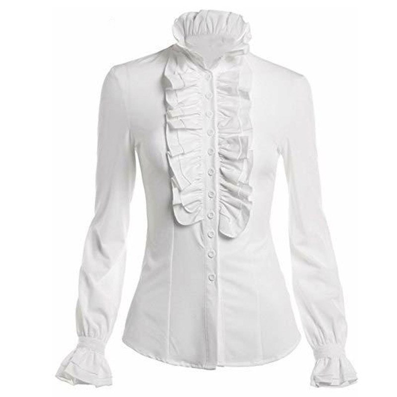 Camicia vittoriana Vintage da donna collo alto con volant camicetta abbottonata maniche lunghe vita sottile Office Lady Gothic Lotus top