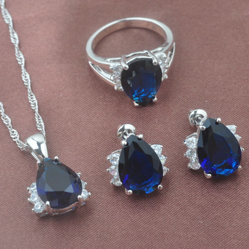 Vrouwen Bruiloft Sieraden Blue Water Zirconia Zilver Kleur Sieraden Sets Ketting Hanger Oorbellen Ringen Beste TZ0255