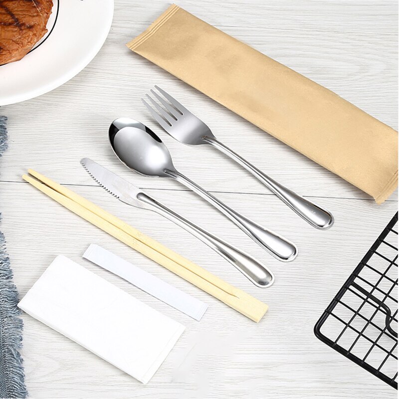 Visual Touch Portable Disposable Wooden Stainless Steel Cutlery Sets Spoon Chopsticks Travel Picnic Forks Restaurant Dinnerware