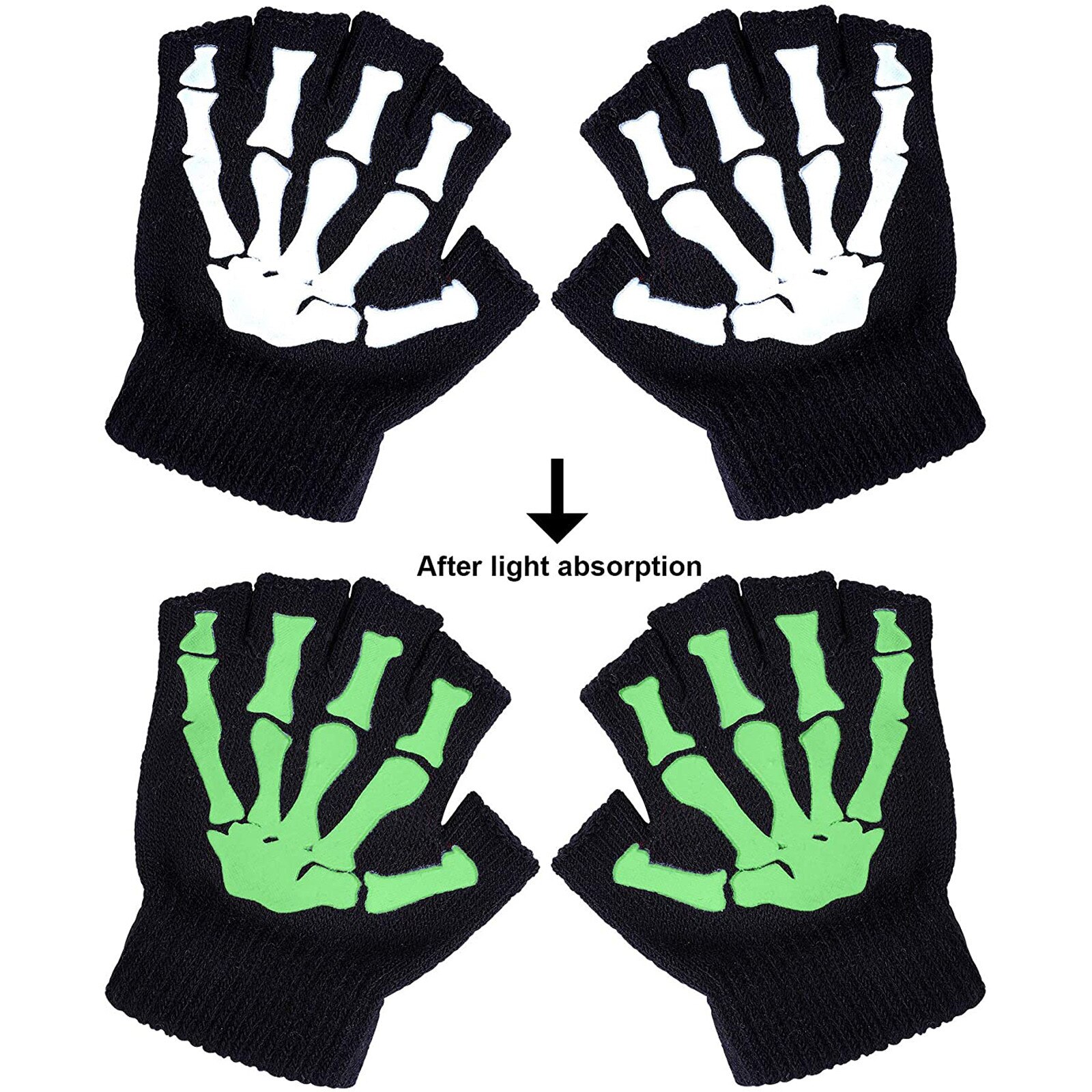 Gants en coton pour enfants, 1/2/5 paires, mitaines sans doigts, à la , pour Halloween, Cosplay, squelette, gants lumineux