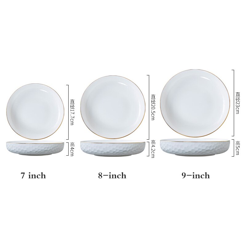 Golden Rim Bone China Dinner Plate Household White Deep Plate Ceramic Dumpling Plate Hotel Tableware Kitchen Supplies
