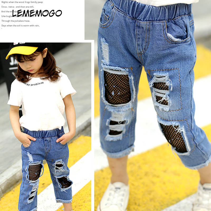 Lememogo baby huller jeans piger børn fiskenet bukser til nødlidende hul jeans cropped 3-10y – Grandado