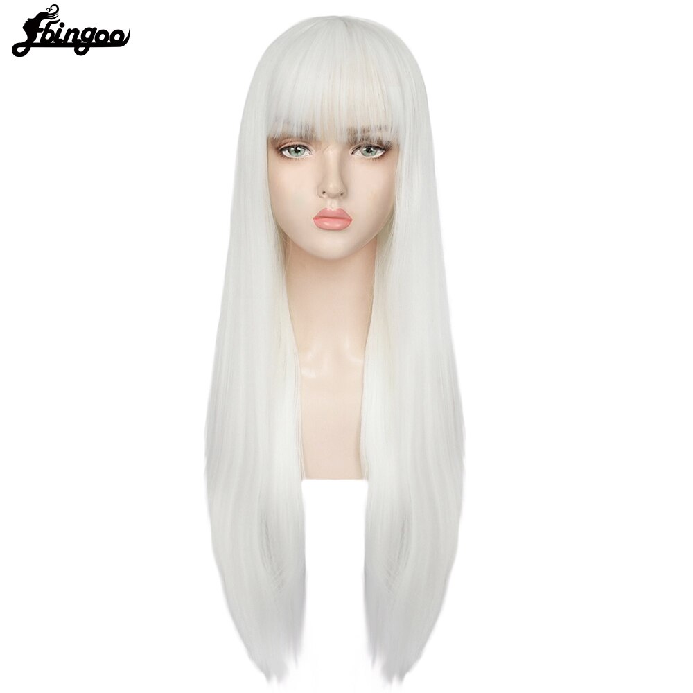 Ebingoo】-gorro de pelo + fibra blanca de alta temperatura, peluca larga de pelo sintético con flequillo para mujer, color blanco, gris, marrón y rosa