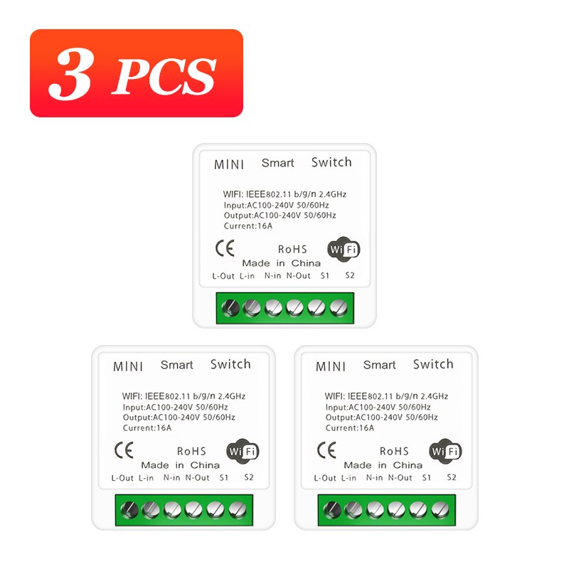16A MINI Wifi Smart Switch 2-way Control Timer Wireless DIY Switch Smart Home Voice Control Works With Tuya Alexa Google Home: 3pcs