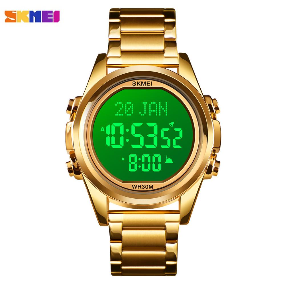 Skmei Moslim Azan Klok Horloge Voor Gebed Met Qibla Kompas Adhan Alarm Hijri Kalender Islamitische Al Harameen Fajr Tijd Horloge: gold white