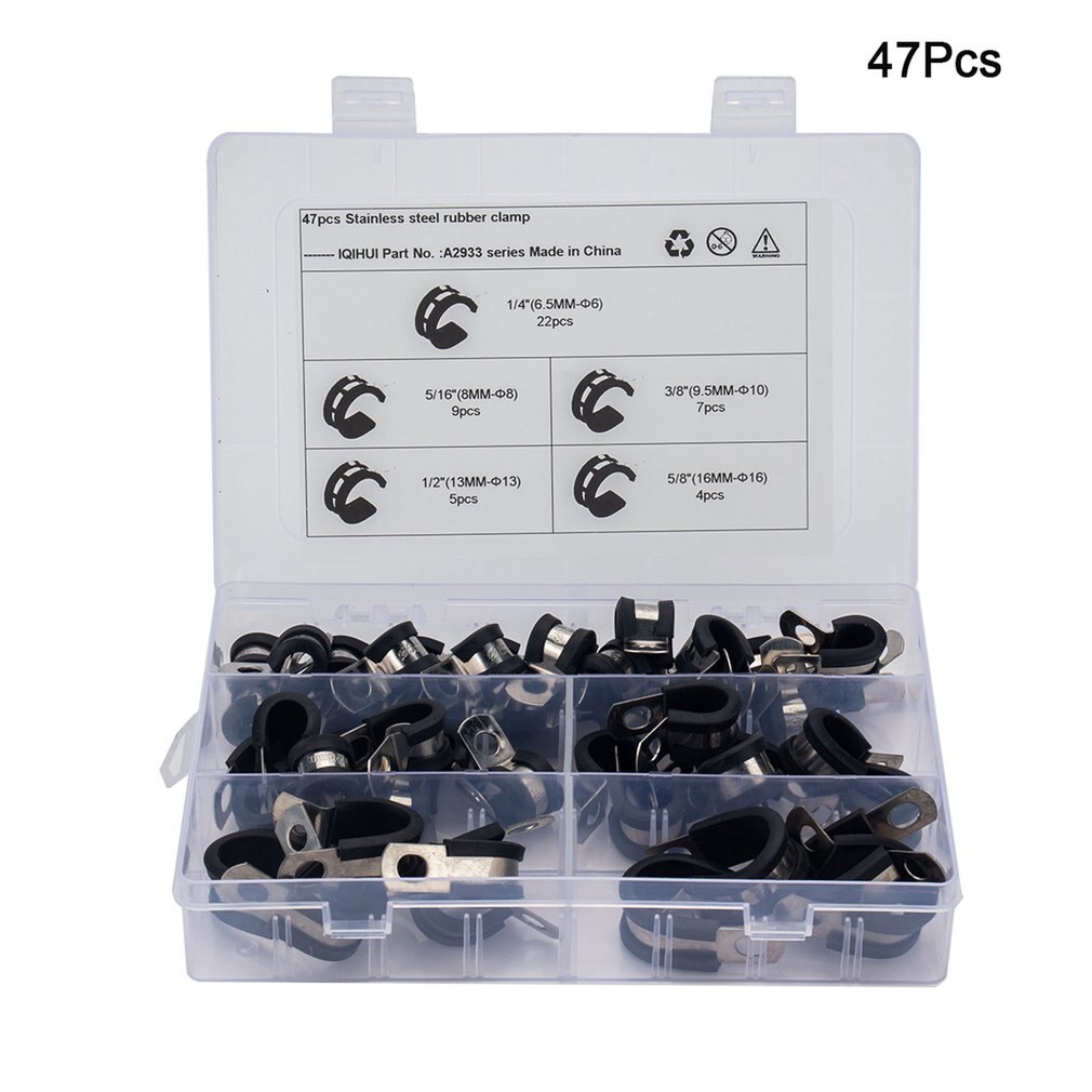 55 stuks 5 maten rubberen, roestvrijstalen slangklem, kabelklem, metalen klem, buishouder voor buissnoerinstallatie: 47 stuks 24 roosters