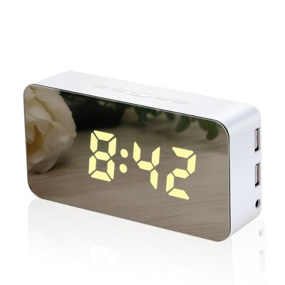 phone charging mirror wall-mounted alarm clock snooze sound control temperature and humidity LED color changing clock: White