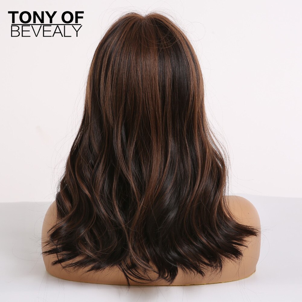 Medium Length Synthetic Wigs for Women Brown Wavy Natural Hair Wigs With Bangs Cute Cosplay Party Wigs Heat Resistant Fiber