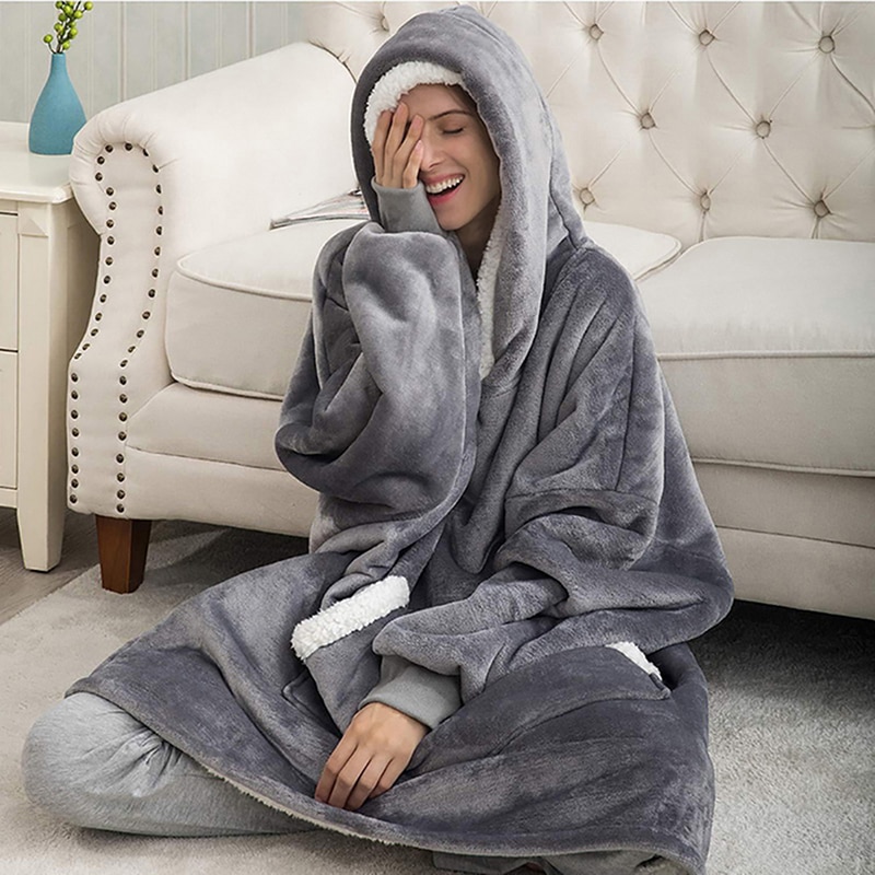 Winter Hooded Hoodie Women Fleece Long Sweatshirt Winter Clothes Flannel Pullovers Female Indoor Blanket with Sleeve Pajamas