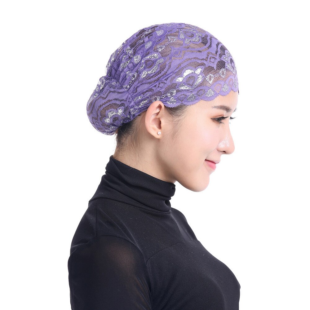 Vrouwen Moslim Stretch Kant Tulband Hoed Chemo Cap Haaruitval Hoofd Sjaal Wrap Cap: Purple 