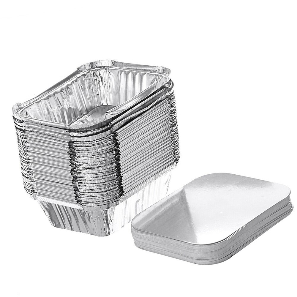 50PCS Disposable BBQ Drip Pans Aluminum Foil Trays BBQ Food Container Baking Pan With Lids Outdoor For Indirect Cooking