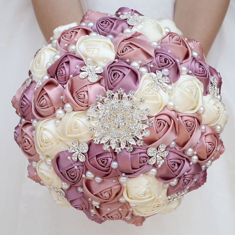 Handmade Ribbon Wedding Rose Flowers Rhinestone Bridal Bouquets Pearl Bridal Holding Bouquet Fleur Artificielle Mariage W224D: 21cm nude pink