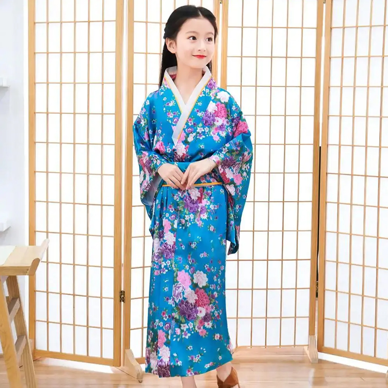 Mädchen Kind Japan Kimono Kleid Traditioneller Haori Yukata Bademantel Satin Luxus Orientalischer Bademantel mit Obi Kinder Cosplay Kleid: S / Elfenbein