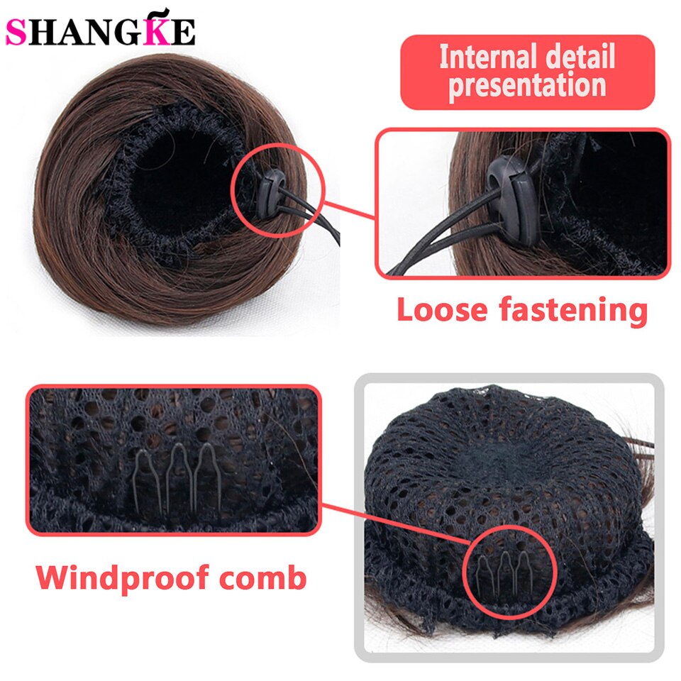 Shangke jenter brunt blondt bollehår chignon syntetisk smultringrulle hårstykker med høy temperatur fiber for kvinner