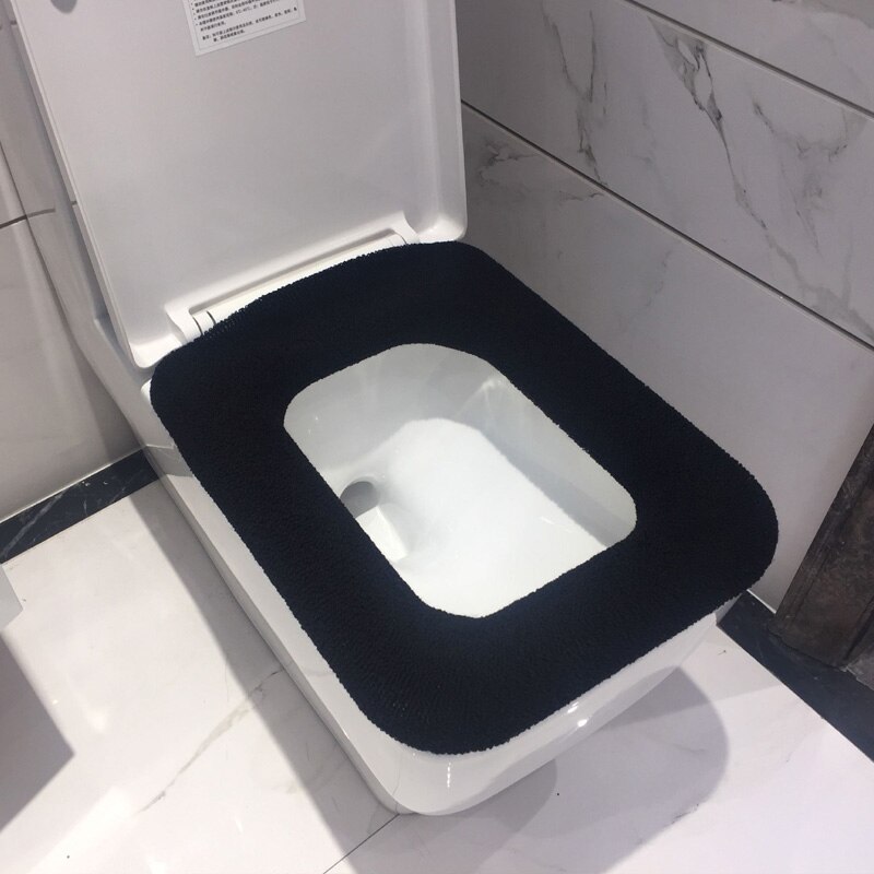 Badeværelse firkantet toilet sædeovertræk vintervaskbar varmemåtte toiletbetræk pude lågpude hjemindretning toilet sædeovertræk: Sort