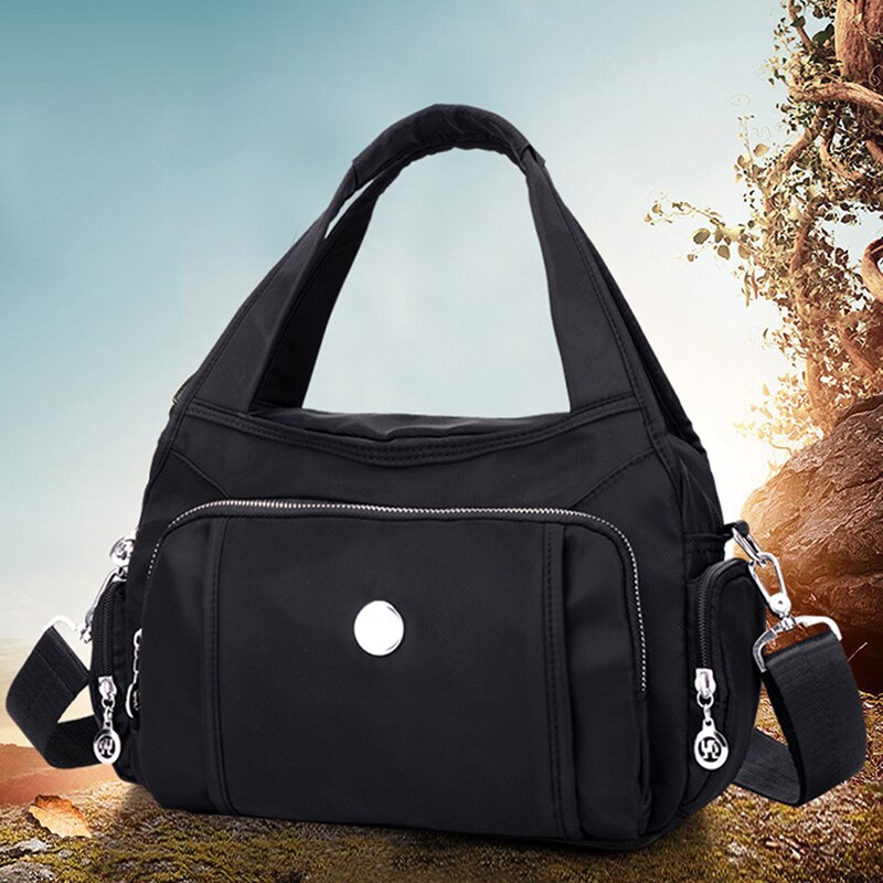 Multi Pockets Nylon Handbag Shoulder Bag Messenger Lightweight Solid Zipper Waterproof Flap Crossbody Bag: black