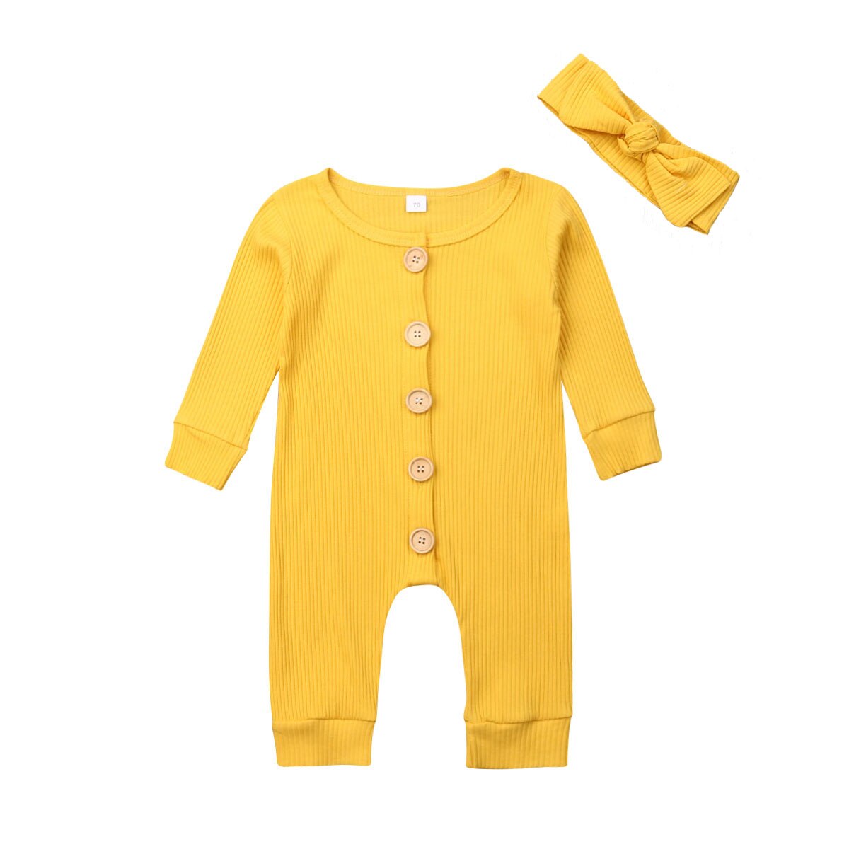 2 Stuks Pasgeboren Baby Gebreide Solid Jumpsuit Meisje Jongen Kleding Lange Mouw Herfst Romper Lange Mouw Hoofdband Outfit Kleding: YELLOW / 12m