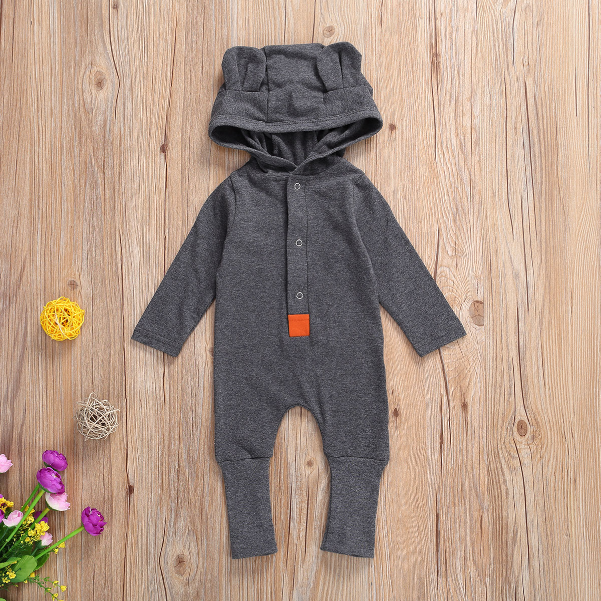 Baby Baby Meisje Jongen Lange Mouw Jumpsuit Herfst Mode Solide Single-Breasted Beer Oren Capuchon Romper Een Stuk Lange broek
