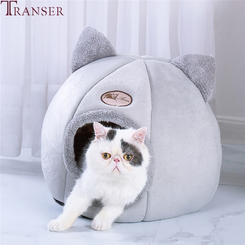 Transer Pet Cat House Met Oren Zachte Pluche Pet Dog Katten Tent Slapen Bed Voor Kleine Honden Puppies Katten Ronde grijs Kennel 912