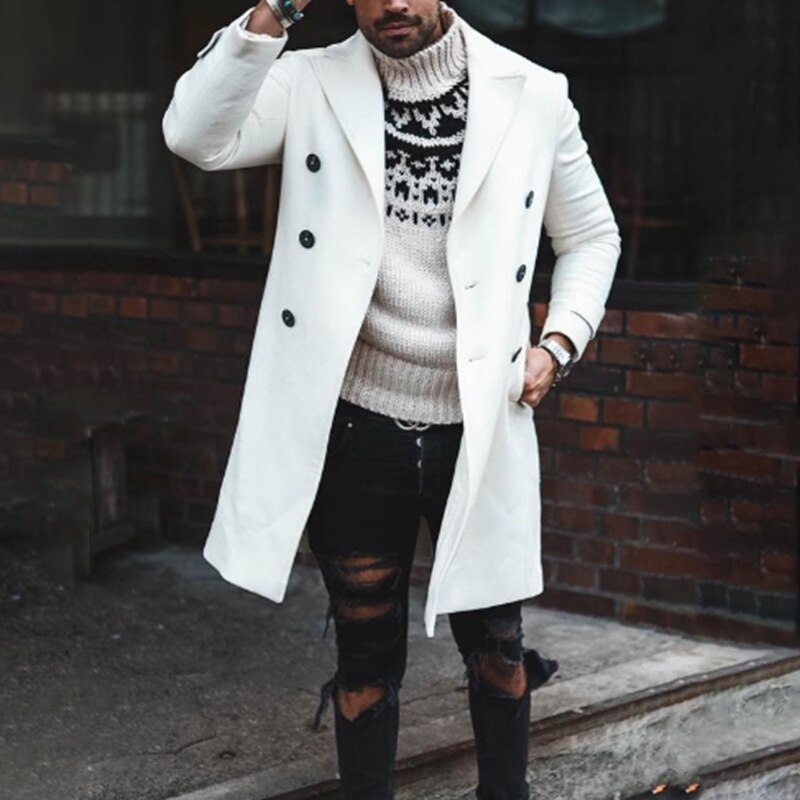 Blanc Hiver Trench Homme Manteaux Décontracté Mince Double Boutonnage Veste homme Long Oversize Manteau Angleterre Style Manteau Vestes