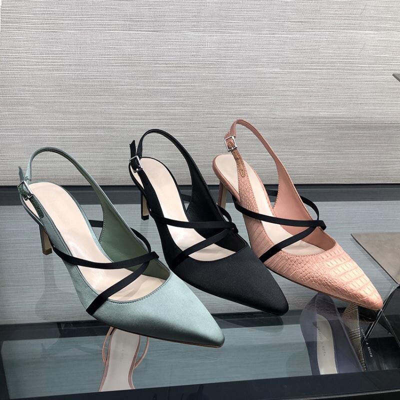 Smarte krydsstrop slingbacks kvinder sandaler killing hæl sommer kjole sko spænde rem spidse tå slangeskind sandaler kvinder