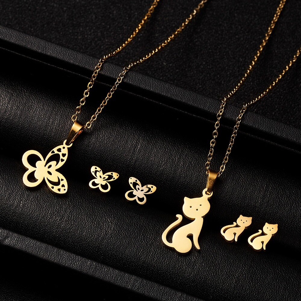 Rinhoo moda conjunto de jóias chegadas amor coração animal aço inoxidável colar brincos conjunto feminino amante noivado jóias