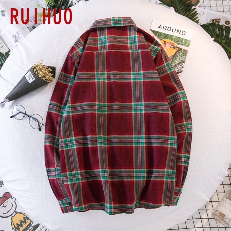Ruihuo våren lange ermer rød rutete skjorte herre slim fit bomull fritidsskjorter herre klær merke pluss størrelse m -3xl