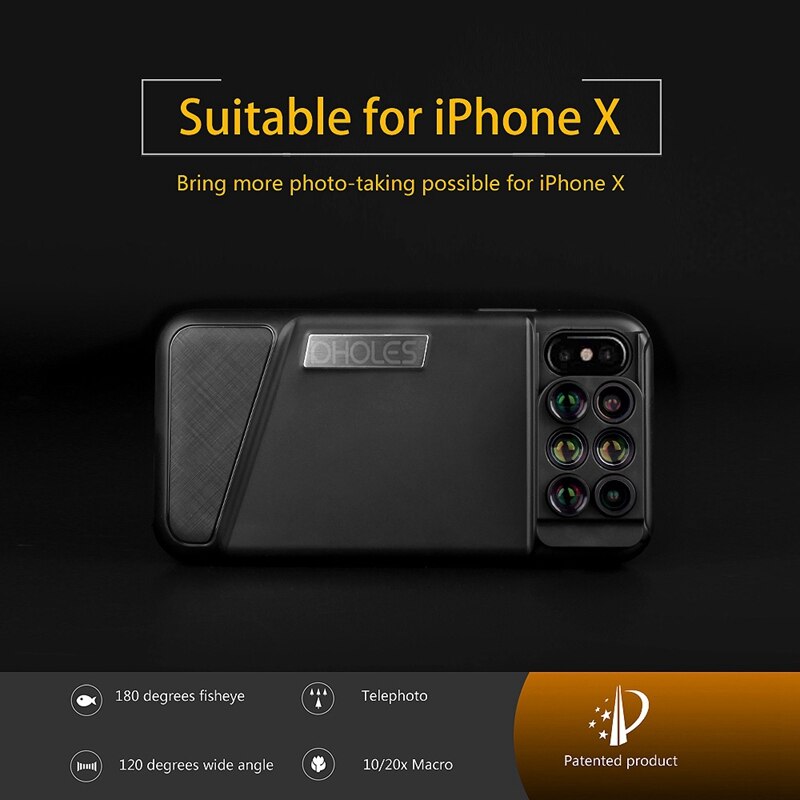 -Pholes 6-In-1 Telefoon Lens Case Voor Iphone X Dual 2X Tele + 10X Macro + 20X Macro + 120 Graden Groothoek + 180 Graden Fisheye Le