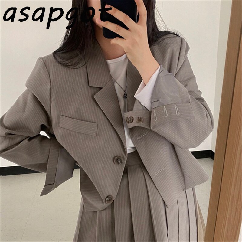 Blazer negro y trajes de falda para mujer, traje de manga larga con solapa a rayas, chaqueta, Falda plisada a la , conjunto de 2 piezas