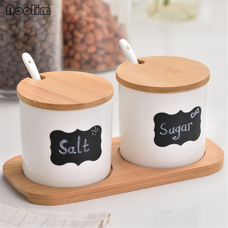 Criativo de Cerâmica Frascos de Especiarias com Tampa e Colher de Porcelana Açúcar Sal Tempero Frascos De Armazenamento com Bandeja De Bambu material de Cozinha