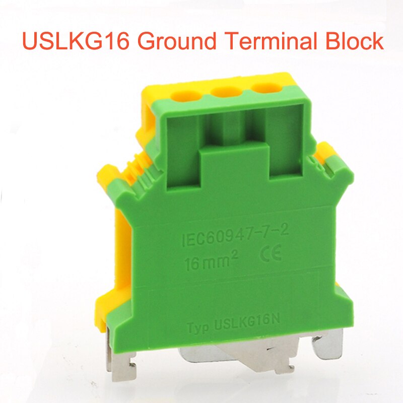 10Pcs Ground Terminal Blocks USLKG16 DIN Rail Screw Terminal Blocks UK-16N Yellow Green Earth Morsettiera Wire Connector 16mm2