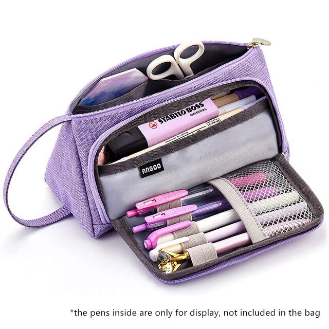 Angoo Special Grid Pen Pencil Case, Multi Slot Plaid Storage Bag, Big Organizer for Students Art Tool Kits: Purple
