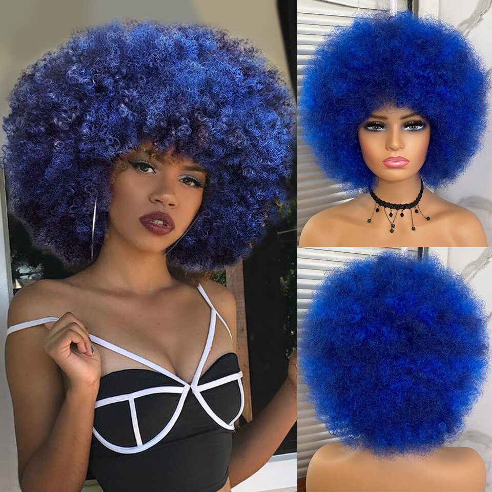 Kort haar Afro Kinky Krullende Pruiken Met Pony Voor Zwarte Vrouwen Afrikaanse Synthetische Ombre Cosplay Natuurlijke Blonde Rood Blauwe Pruik: Blauw