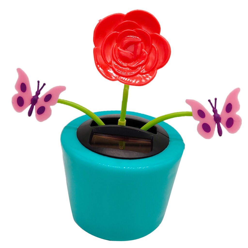 Zonne-energie Blue Bloempot Rose Vlinder Swing Plant Doll Ornament Auto Dashboard Home Decoratie