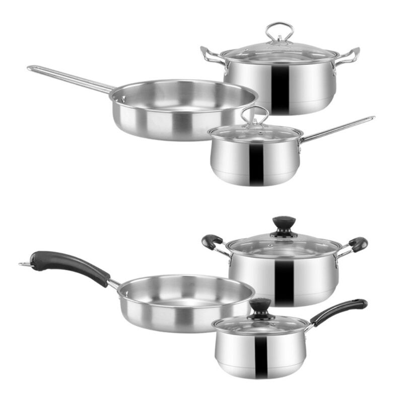 3pcs/set Stainless Steel Cookware Set Flat Bottom Frying Pan Soup Pot Milk Pot Kit Induction Cooker Cooking Pan for Home