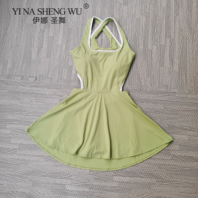 Naadloze Yoga Jumpsuit Sets Vrouwen Mouwloze Gym Kleding Tennis Korte Rok Yoga Set Met Padded Sport Panty Rompertjes Fitness: Light green / S