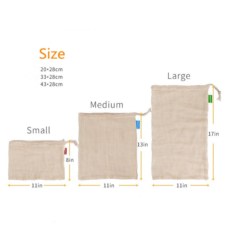 Cotton Mesh Vegetable Bags Produce Bag Reusable Cotton Mesh Vegetable Storage Bag Kitchen Fruit Vegetable with Drawstring: L-28 43cm