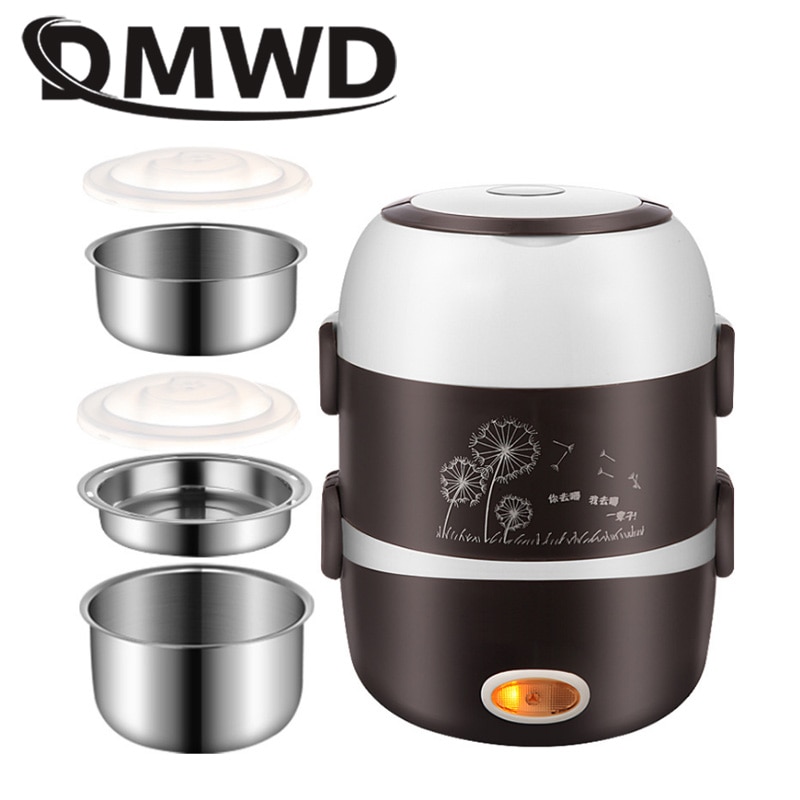DMWD Electric Mini rice cooker 2/3 layers stainless steel liner portable egg boiler steamer food warmer lunch box multicooker 2L
