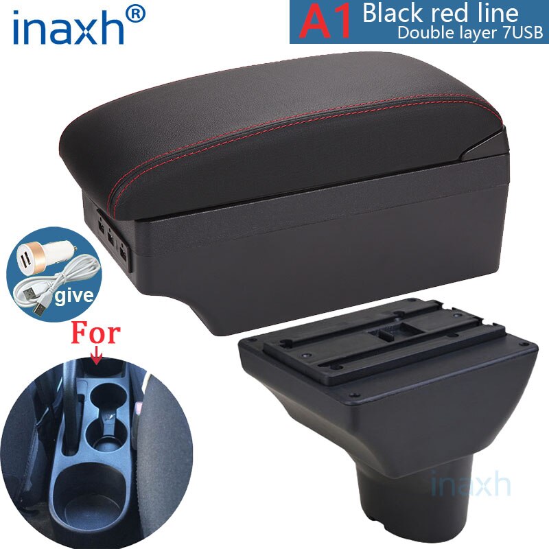 For Hyundai I20 Armrest Interior Parts special Retrofit parts Car Armrest Center Storage box with USB LED light: A1 Black red  7USB