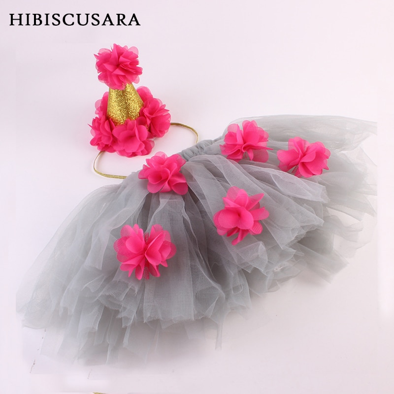 Newborn Baby Girl Tulle Skirt Mesh Fluffy Tutu Skirt With Flowers Decoration+ Princess Crown Headband 2pcs Outfit Photo Costumes