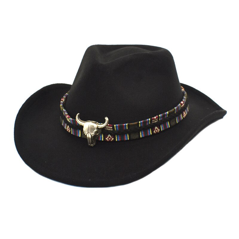 Lidasfish-Sombrero de vaquero occidental de ala ancha con banda para la Cabeza de Vaca, sombreros de Jazz de fieltro para hombre y mujer, gorra de Panamá negra, Otoño e Invierno: Negro