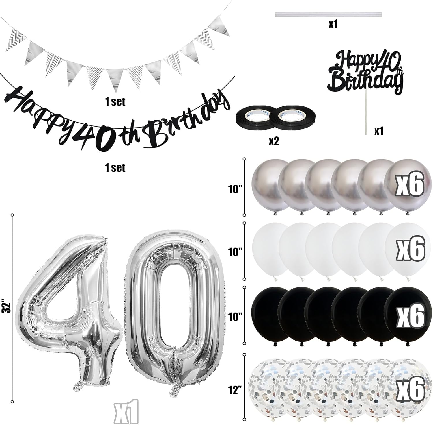 50 decoraciones de de cumpleaños para mujeres y hombres, pancarta de feliz 30, 40 y 60 cumpleaños, globos, suministros para decoración de tartas, color negro, plateado y blanco: Emerald