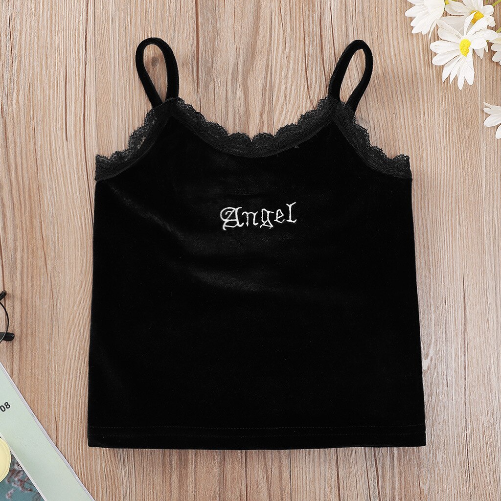 2021 estate bambini Casual cinturino in cotone ricamo lettera pizzo nero neonata o ragazzi T-shirt 3-10T: 7-8T 130
