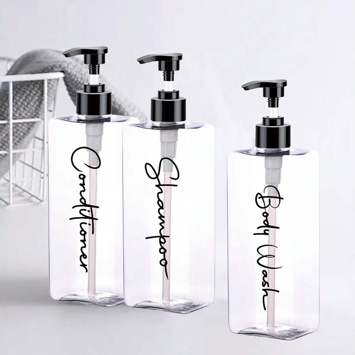 3-delige badkamerdispenserset voor navulbare flessen voor conditioner, shampoo en douchegel. Hotelachtig . Opbergcontainer voor vloeistoffen voor thuisdecoratie. Wordt geleverd met 3 waterdichte labels