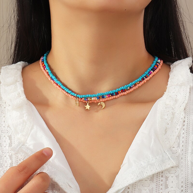 Bohemian Multilayer Zaad Kraal Ster Maan Vlinder Hanger Ketting Voor Vrouwen Mode Strand Eenvoudige Lock Choker Kraag